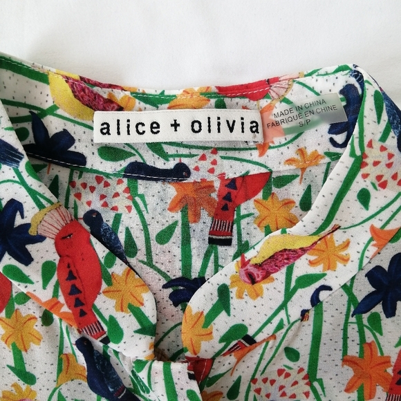 Alice + Olivia Bird and Floral Print Colourful Silk Button Blouse Small - Picture 11 of 16